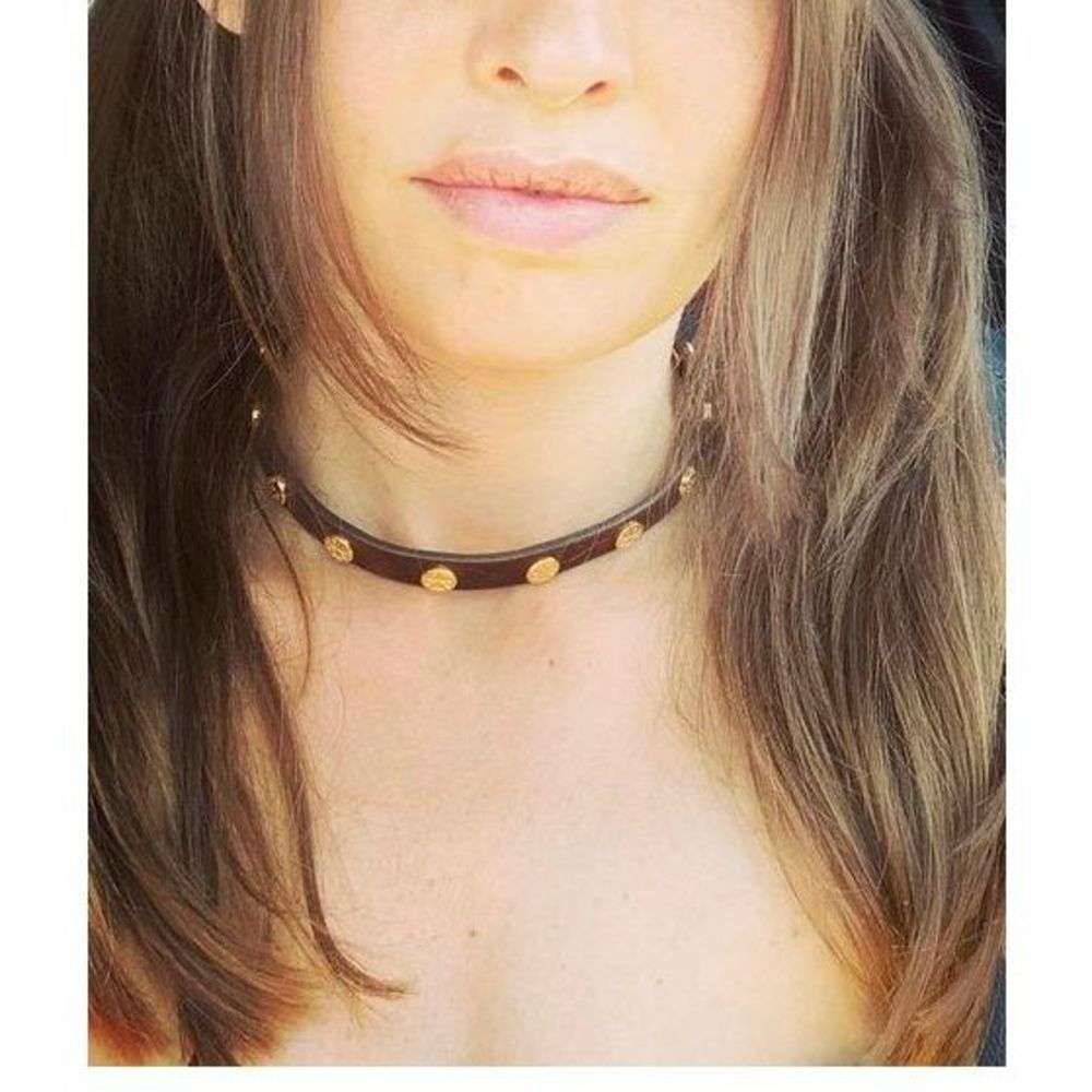 Tory Burch Brown Leather Choker with Gold Studs